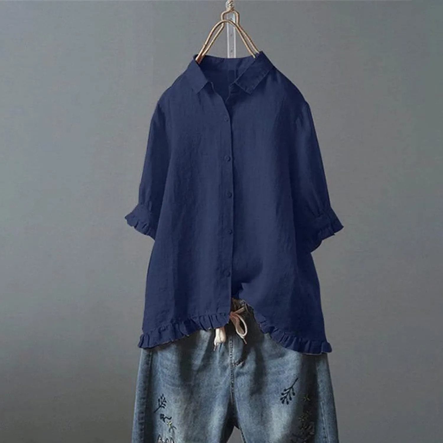 Womens Button Down Shirt Casual 3/4 Sleeve Collared Tops Classiac Fit Cover Shirts Soft Linen Summer Tops Blouses