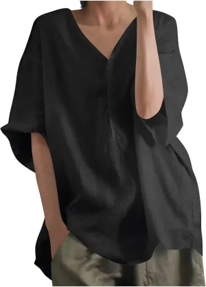Womens Casual Cotton Linen T Shirts Summer Clothes Ladies Trendy V Neck Lounge Tops Blouse Vacation Outfits Loose Fit