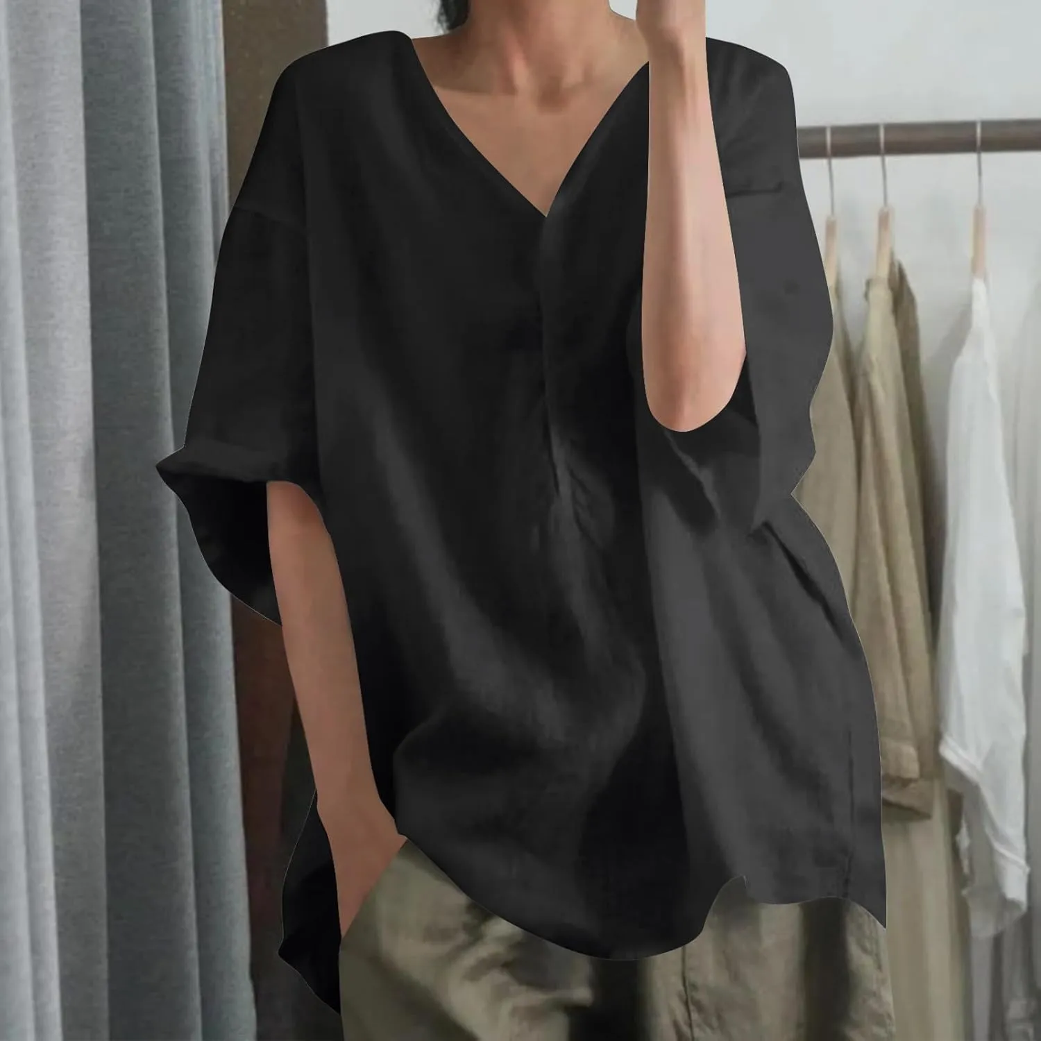 Womens Casual Cotton Linen T Shirts Summer Clothes Ladies Trendy V Neck Lounge Tops Blouse Vacation Outfits Loose Fit