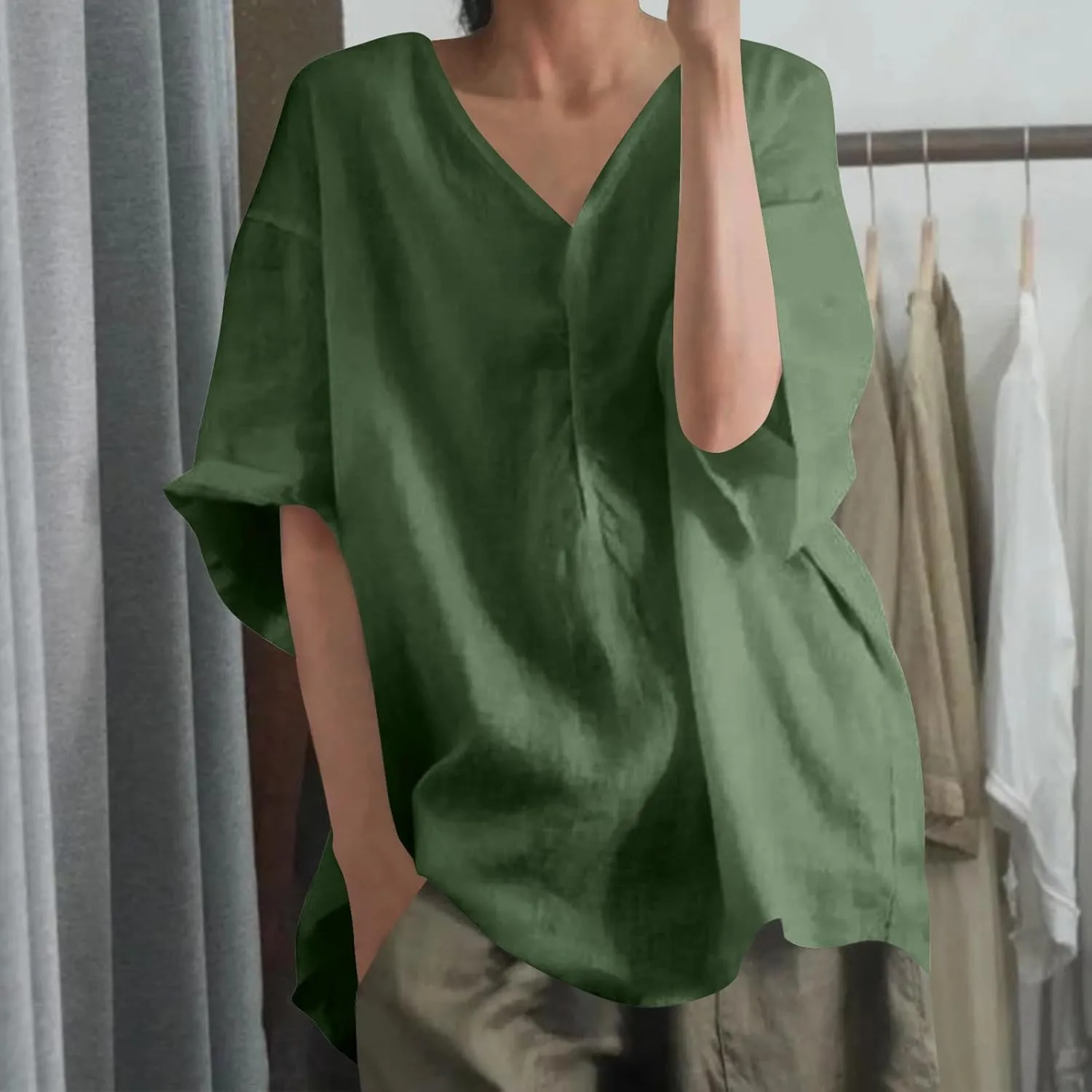 Womens Casual Cotton Linen T Shirts Summer Clothes Ladies Trendy V Neck Lounge Tops Blouse Vacation Outfits Loose Fit