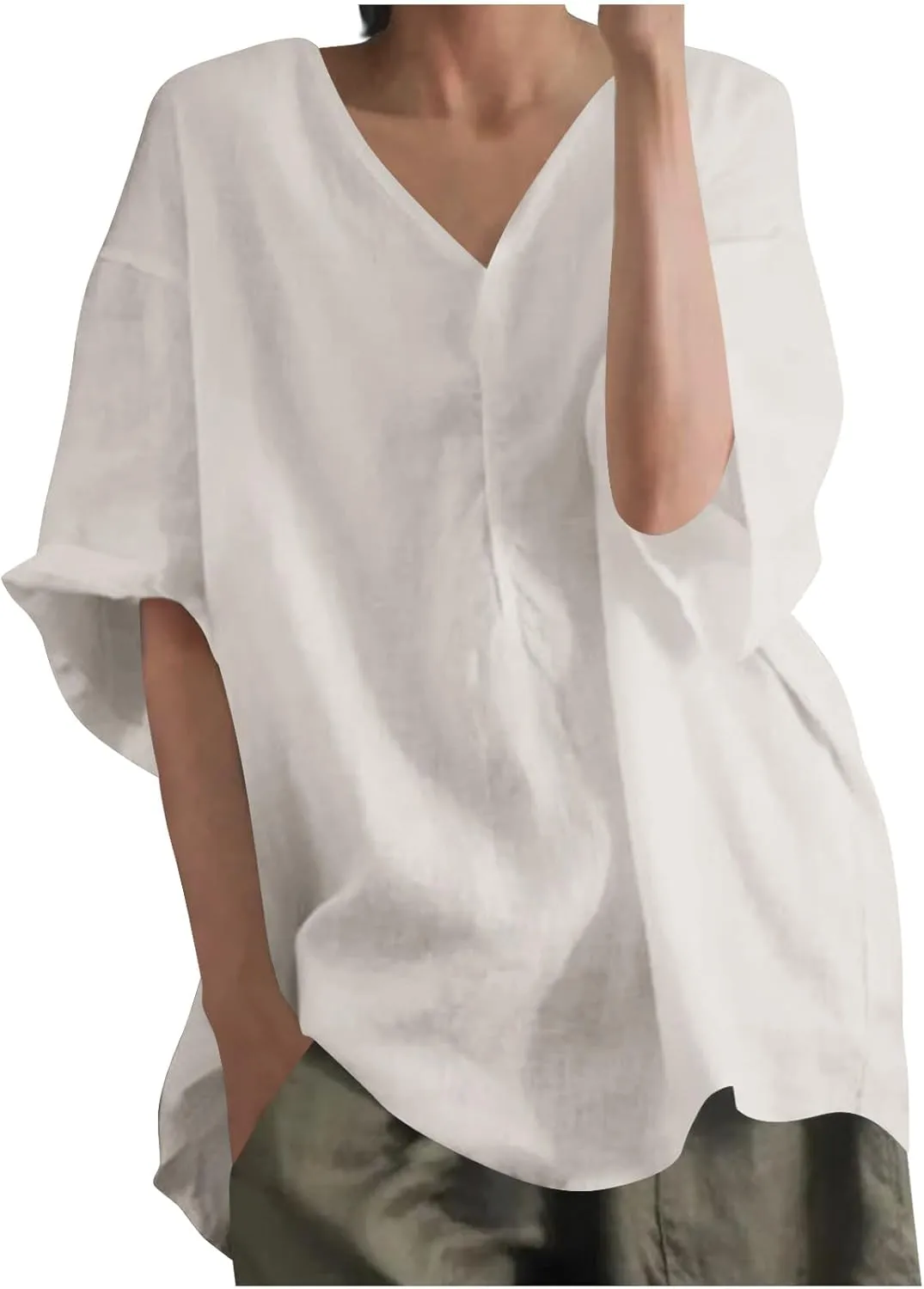 Womens Casual Cotton Linen T Shirts Summer Clothes Ladies Trendy V Neck Lounge Tops Blouse Vacation Outfits Loose Fit