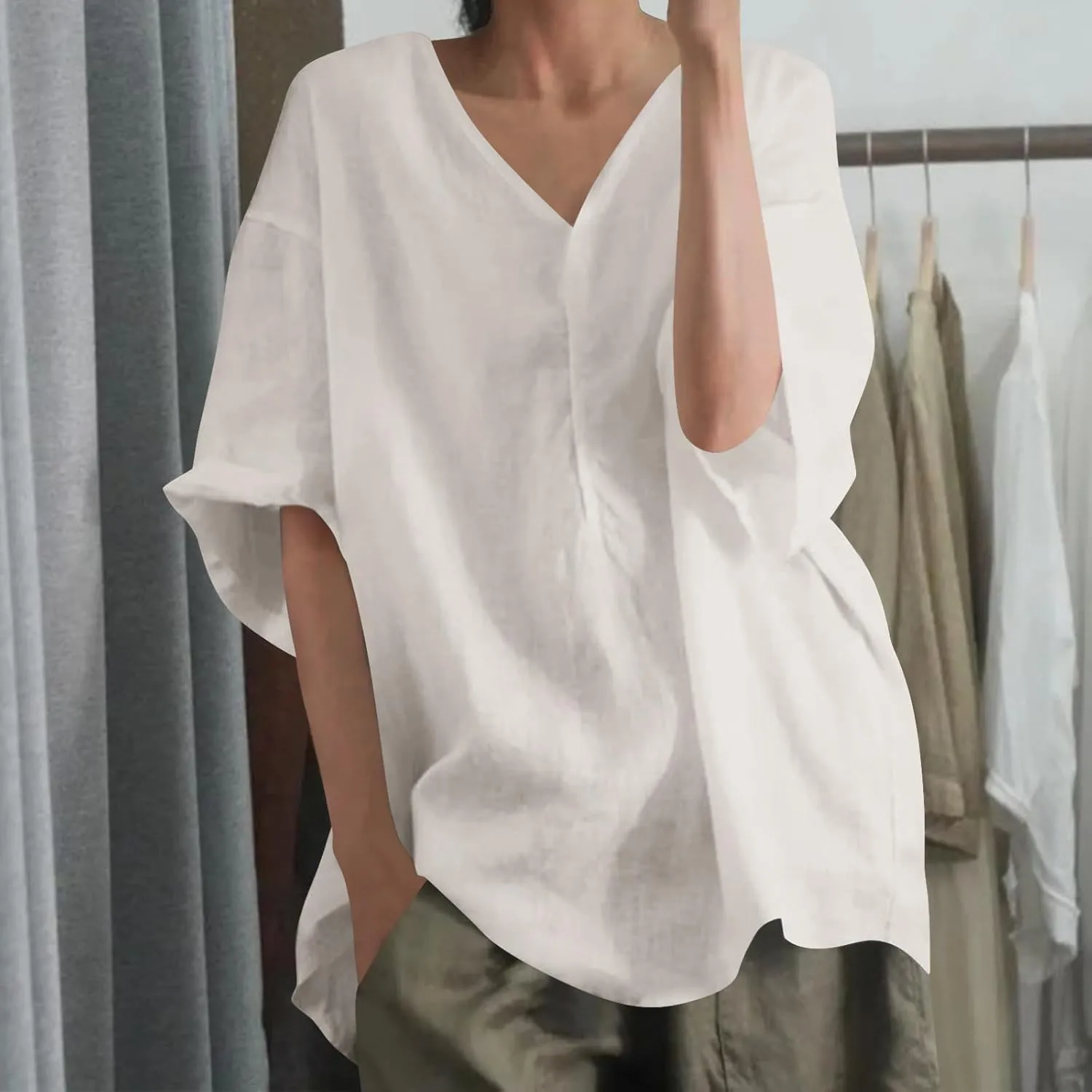 Womens Casual Cotton Linen T Shirts Summer Clothes Ladies Trendy V Neck Lounge Tops Blouse Vacation Outfits Loose Fit
