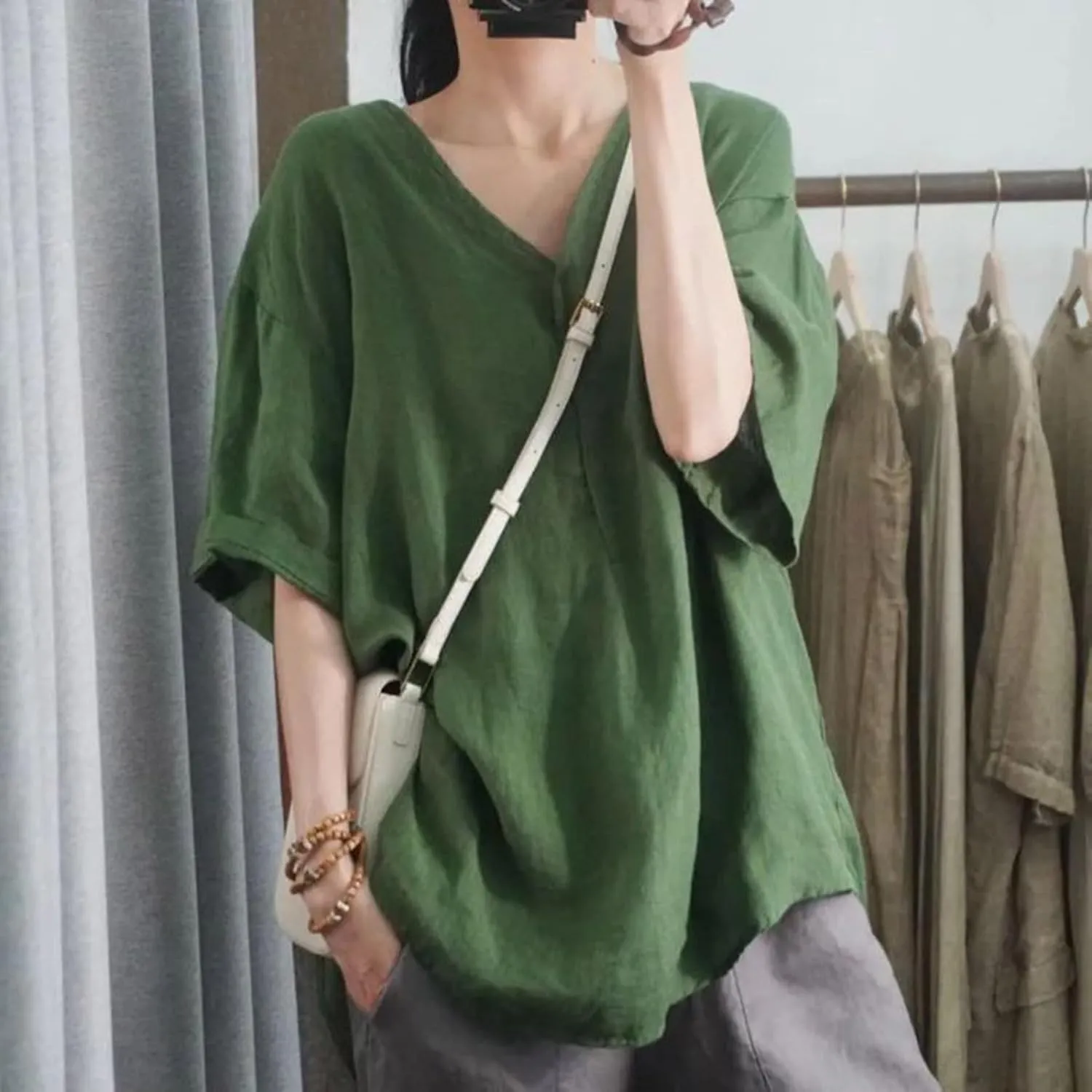 Womens Casual Cotton Linen T Shirts Summer Clothes Ladies Trendy V Neck Lounge Tops Blouse Vacation Outfits Loose Fit