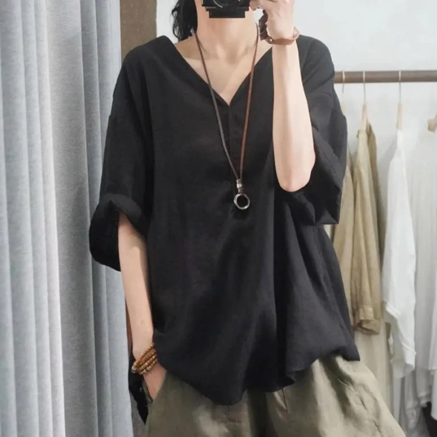 Womens Casual Cotton Linen T Shirts Summer Clothes Ladies Trendy V Neck Lounge Tops Blouse Vacation Outfits Loose Fit
