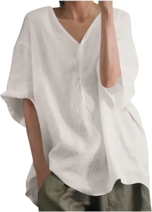 Womens Casual Cotton Linen T Shirts Summer Clothes Ladies Trendy V Neck Lounge Tops Blouse Vacation Outfits Loose Fit
