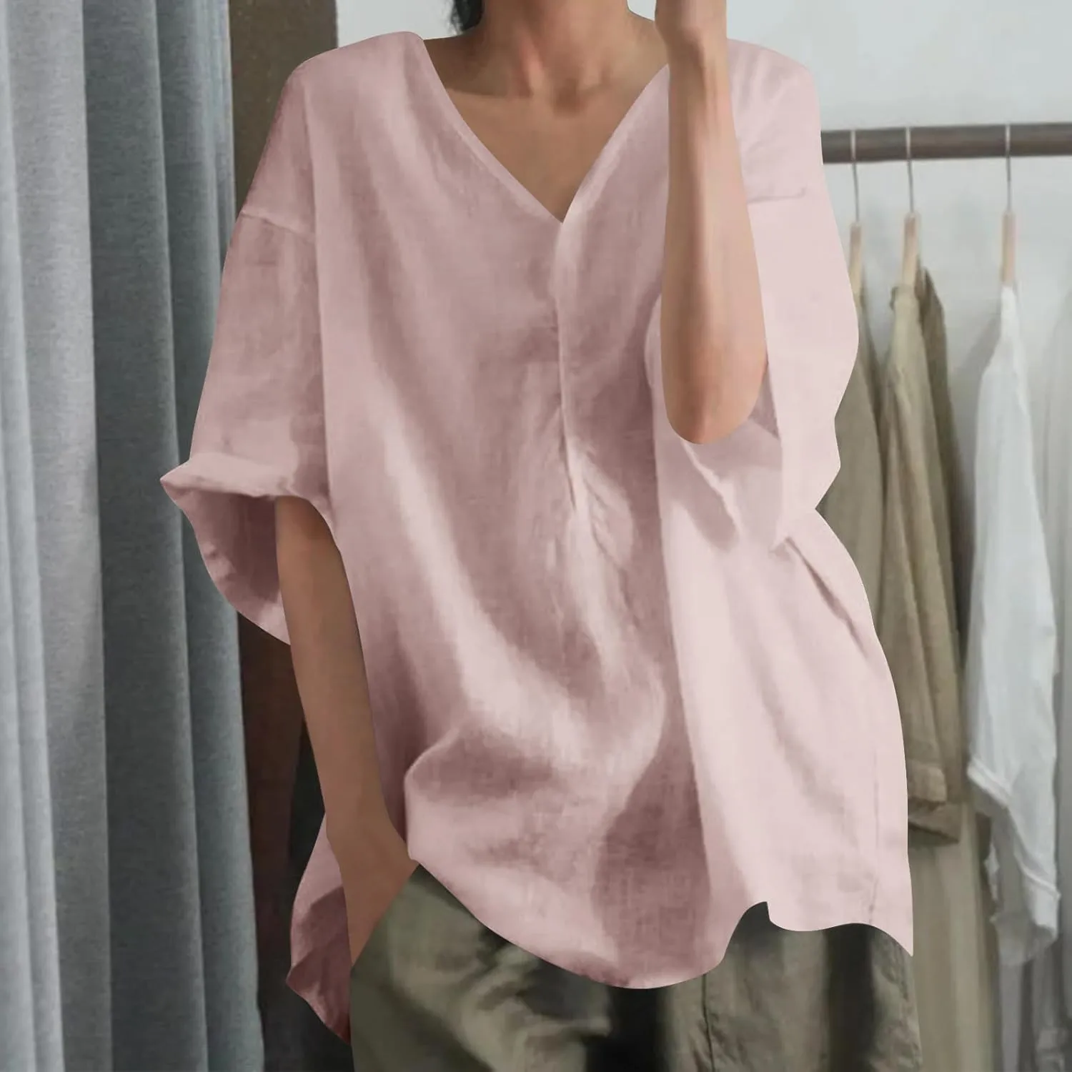 Womens Casual Cotton Linen T Shirts Summer Clothes Ladies Trendy V Neck Lounge Tops Blouse Vacation Outfits Loose Fit