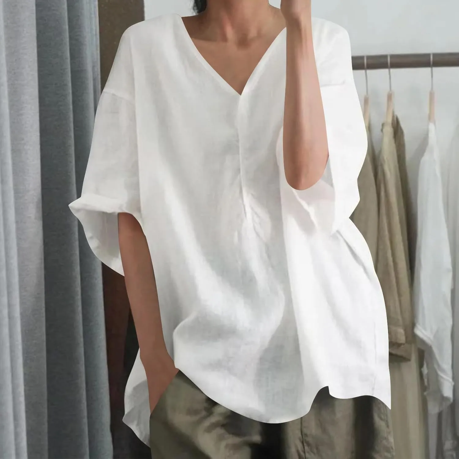 Womens Casual Cotton Linen T Shirts Summer Clothes Ladies Trendy V Neck Lounge Tops Blouse Vacation Outfits Loose Fit