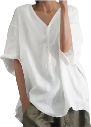 Womens Casual Cotton Linen T Shirts Summer Clothes Ladies Trendy V Neck Lounge Tops Blouse Vacation Outfits Loose Fit
