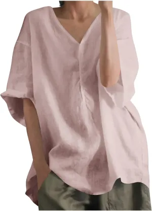 Womens Casual Cotton Linen T Shirts Summer Clothes Ladies Trendy V Neck Lounge Tops Blouse Vacation Outfits Loose Fit