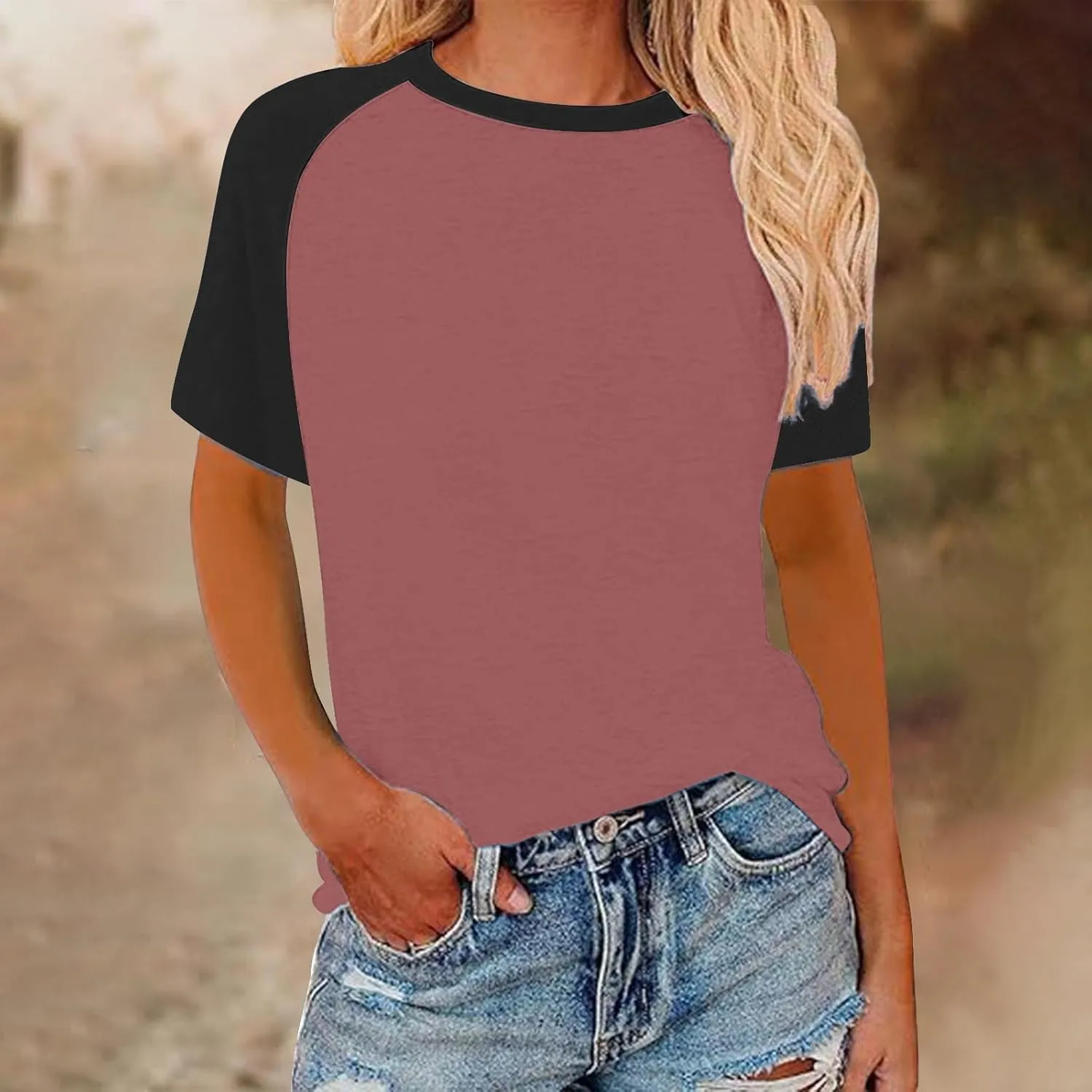 Womens Color Block Short Sleeve T Shirts 2025 Summer Raglan Crew Neck Trendy Tops Plus Size Casual Tunic Cute Blouse