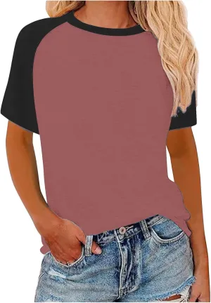 Womens Color Block Short Sleeve T Shirts 2025 Summer Raglan Crew Neck Trendy Tops Plus Size Casual Tunic Cute Blouse