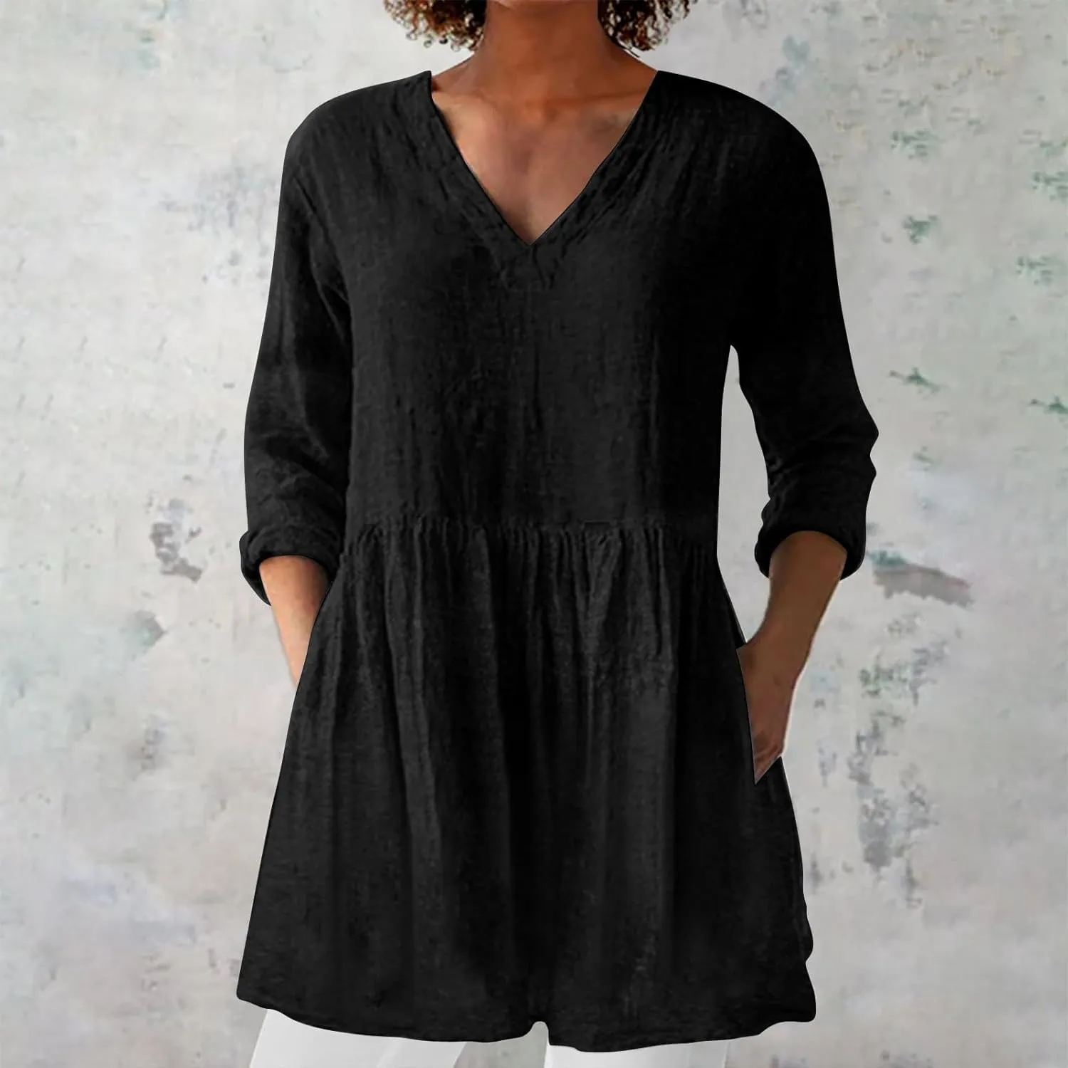 Womens Cotton Linen Peasant Blouses Long Sleeve V Neck Casual Loose Fit Tunic Tops for Leggings Flowy Babydoll Shirt