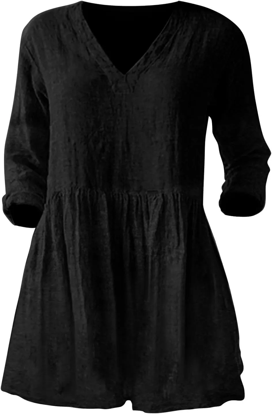 Womens Cotton Linen Peasant Blouses Long Sleeve V Neck Casual Loose Fit Tunic Tops for Leggings Flowy Babydoll Shirt