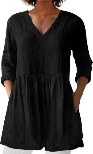 Womens Cotton Linen Peasant Blouses Long Sleeve V Neck Casual Loose Fit Tunic Tops for Leggings Flowy Babydoll Shirt