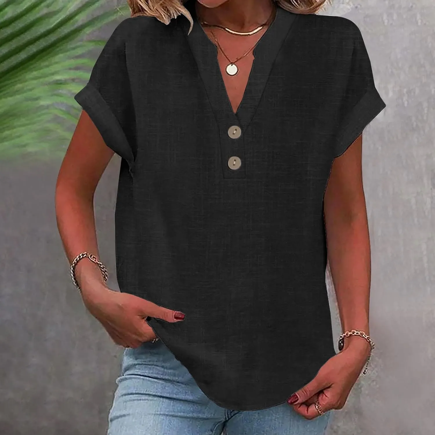 Womens Cotton Linen Shirts 2025 Summer Casual Half Button V Neck Short Sleeve Tunic Tops Trendy Business Work Blouses