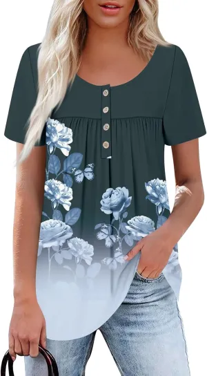 Womens Crewneck Short Sleeve Tops 2025 Boho Floral Prints Trendy Tshirts Business Casual Basic Tee Loose Blouse