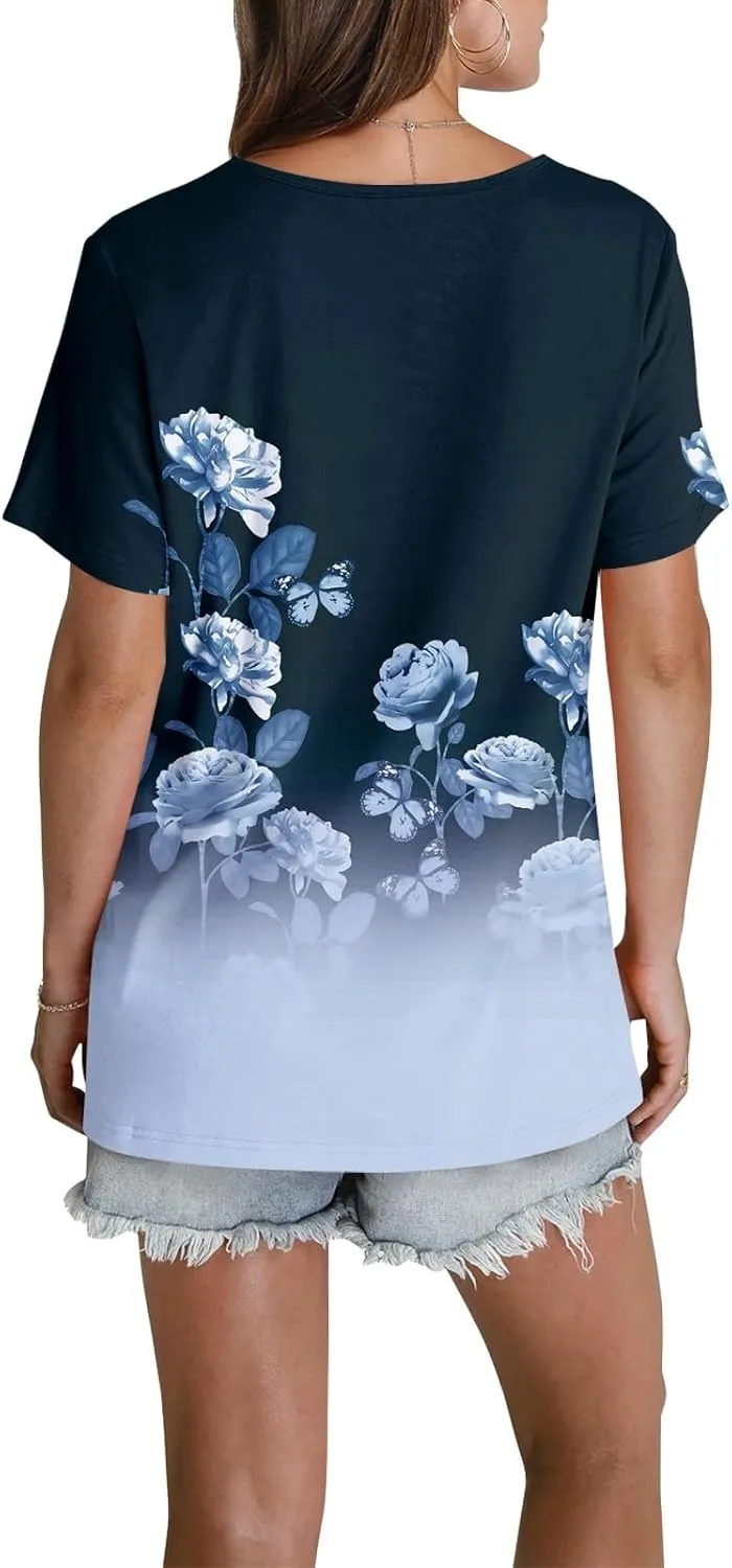 Womens Crewneck Short Sleeve Tops 2025 Boho Floral Prints Trendy Tshirts Business Casual Basic Tee Loose Blouse