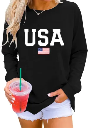 Womens Crewneck Sweatshirt Graphic American Flag Shirts Long Sleeve Oversized Pullover Patriotic Shirts Tops Tees