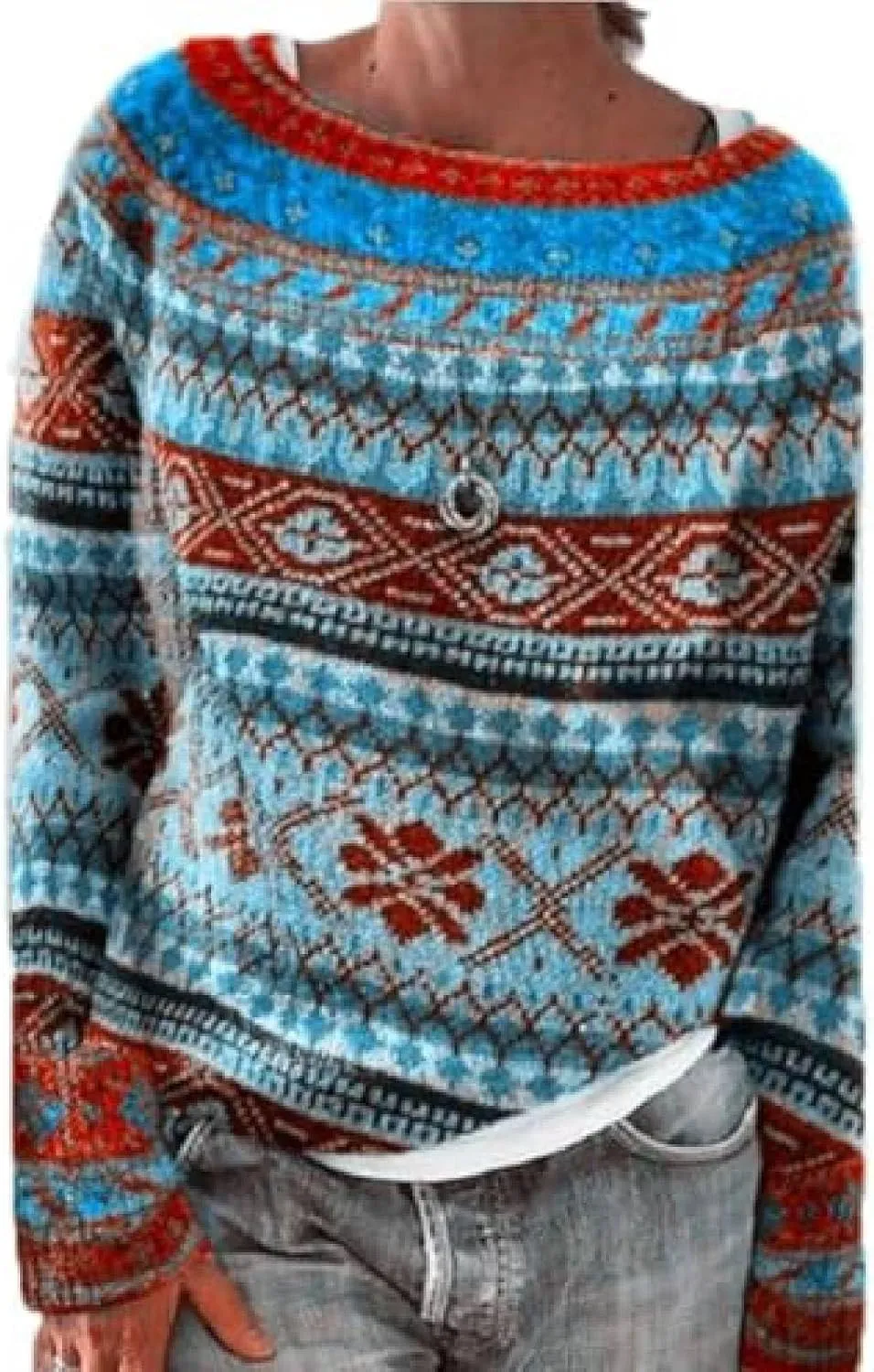 Women's Fair Isle Knitted Sweater Vintage Long Sleeve Boat Neck Retro Lightweight Pullover Plain Fashion Lounge Tops