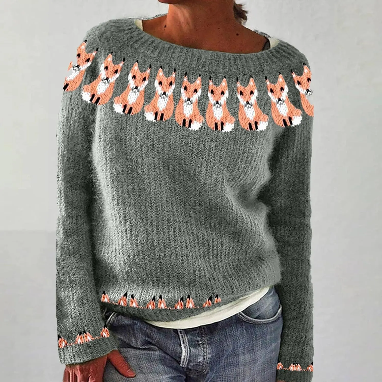 Women's Fair Isle Knitted Sweater Vintage Long Sleeve Boat Neck Retro Lightweight Pullover Plain Fashion Lounge Tops