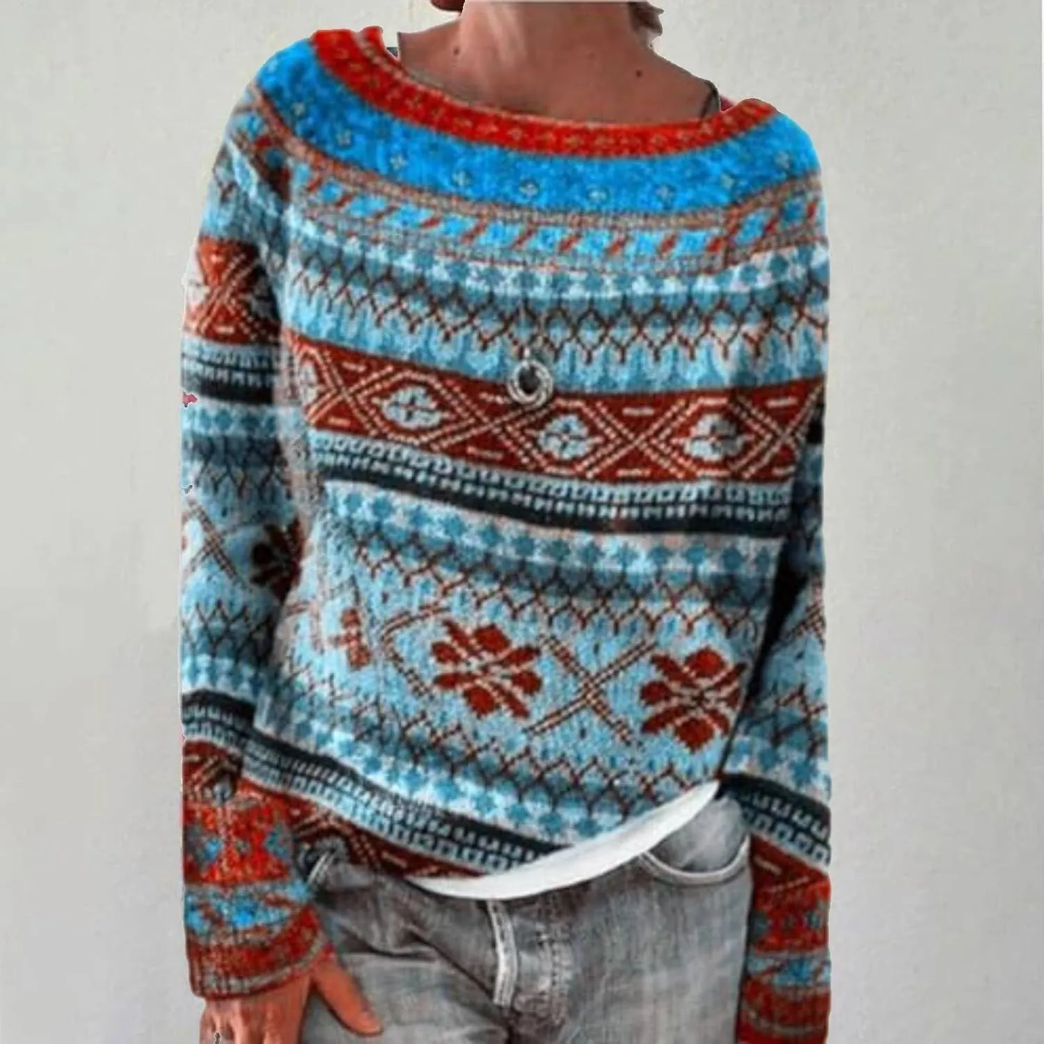 Women's Fair Isle Knitted Sweater Vintage Long Sleeve Boat Neck Retro Lightweight Pullover Plain Fashion Lounge Tops