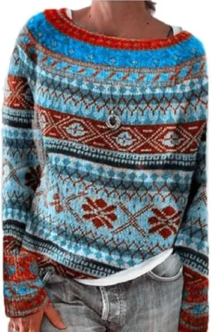 Women's Fair Isle Knitted Sweater Vintage Long Sleeve Boat Neck Retro Lightweight Pullover Plain Fashion Lounge Tops