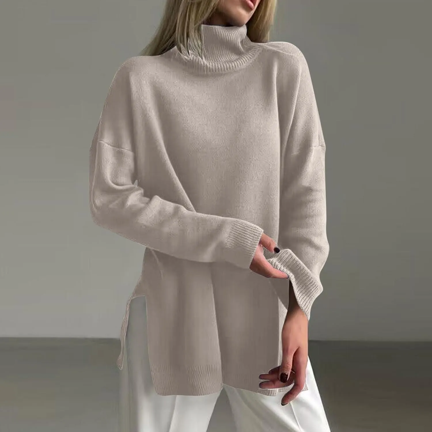 Women's Fall Turtleneck Sweater Casual Long Sleeve Comfy Knit Pullover Tops Side Split Loose Tunics Oversized Shirt