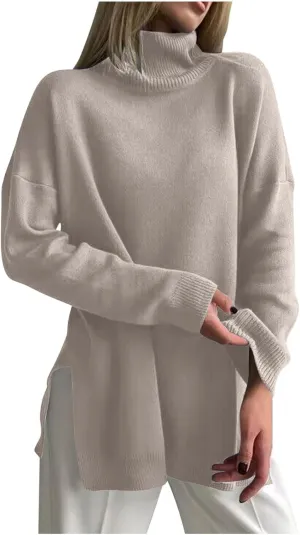 Women's Fall Turtleneck Sweater Casual Long Sleeve Comfy Knit Pullover Tops Side Split Loose Tunics Oversized Shirt