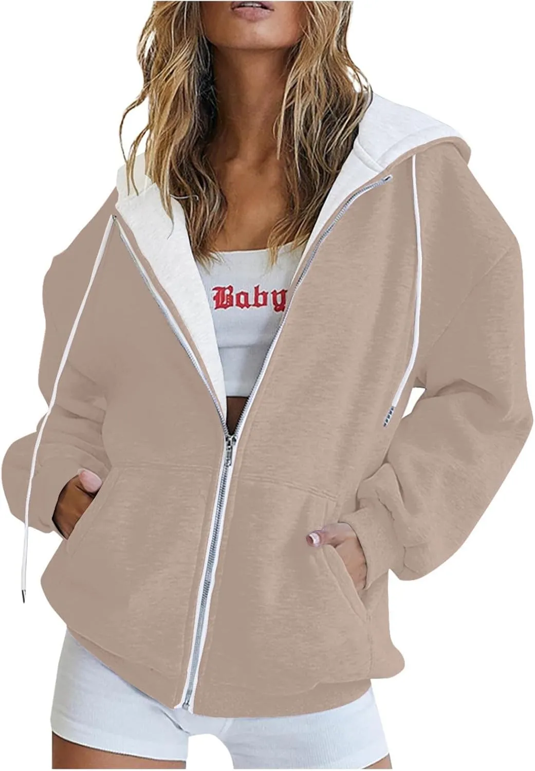 Women's Fashion Zipper Hoodie Long Sleeve Hooded Pullover Sweatshirt Casual Solid Color Tops With Pockets