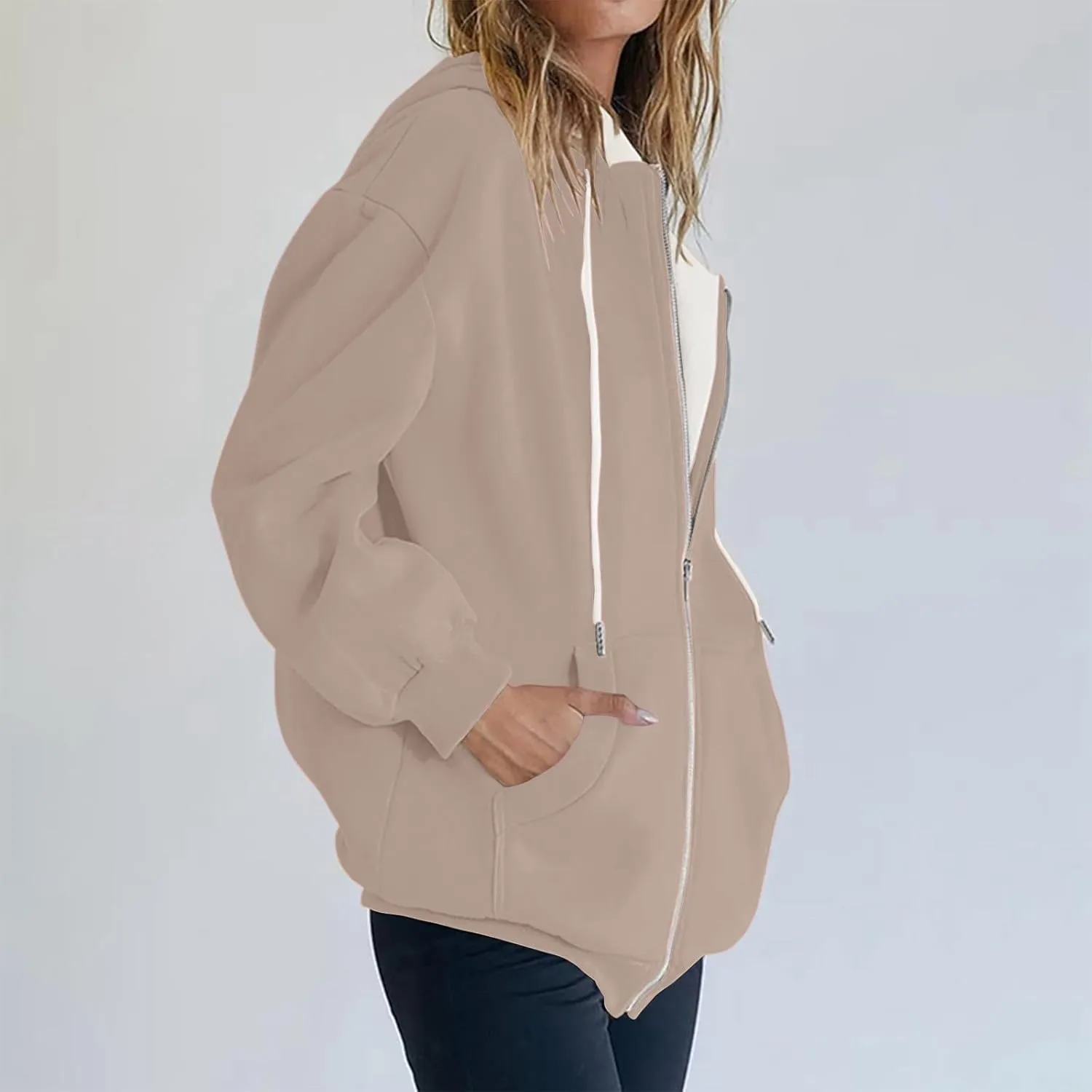 Women's Fashion Zipper Hoodie Long Sleeve Hooded Pullover Sweatshirt Casual Solid Color Tops With Pockets