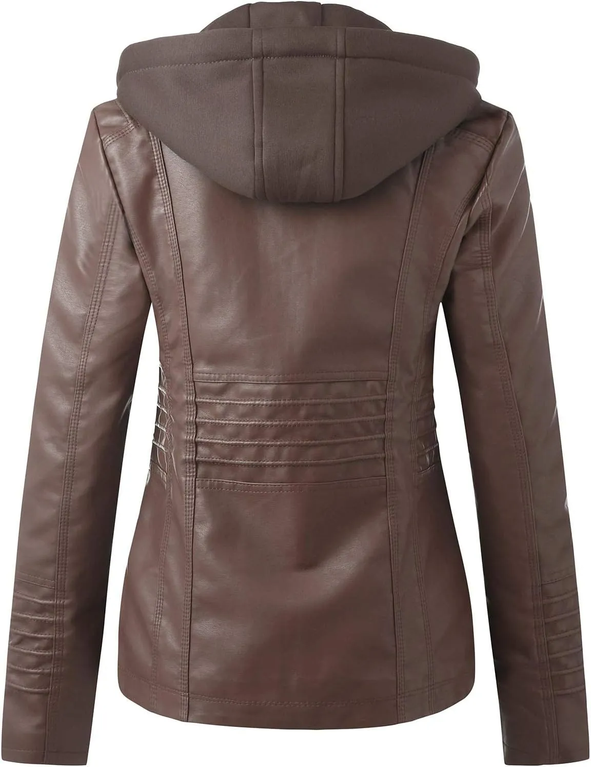 Womens Faux Leather Motorcycle Jacket with Removable Hood Trendy Fake Two Piece Tunic Moto Biker Coat Winter Jackets
