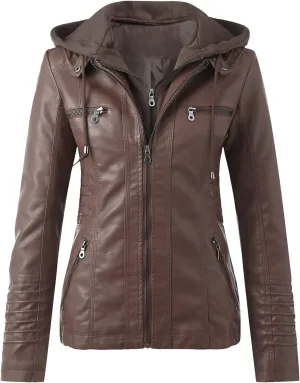 Womens Faux Leather Motorcycle Jacket with Removable Hood Trendy Fake Two Piece Tunic Moto Biker Coat Winter Jackets