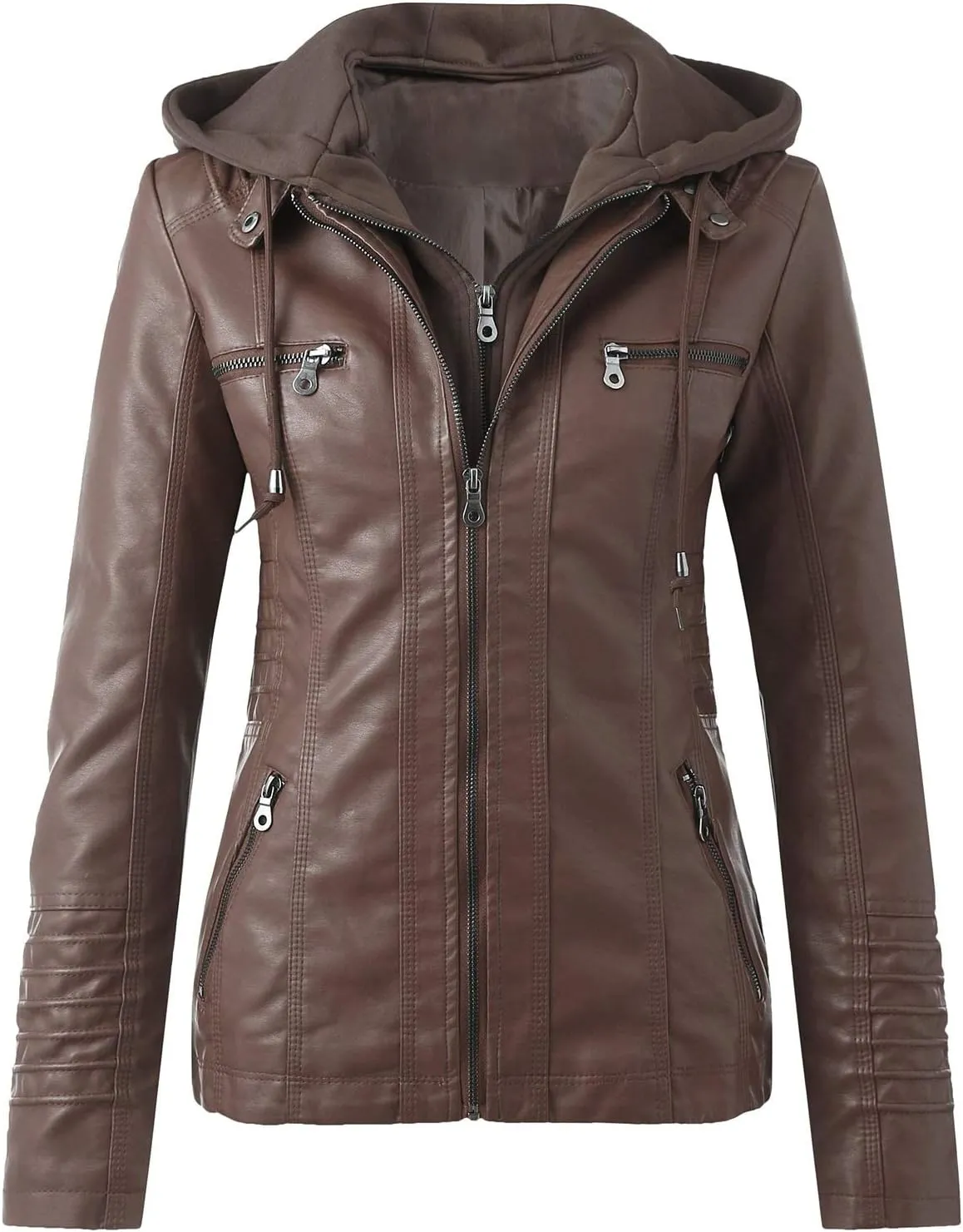 Womens Faux Leather Motorcycle Jacket with Removable Hood Trendy Fake Two Piece Tunic Moto Biker Coat Winter Jackets