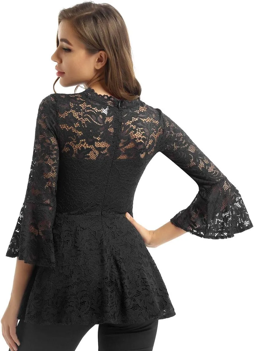 Womens Floral Lace Tunic Tops 3/4 Flare Bell Sleeve Blouse Casual Tunics Shirt for Women