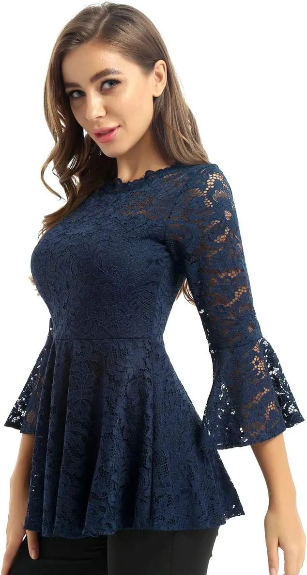 Womens Floral Lace Tunic Tops 3/4 Flare Bell Sleeve Blouse Casual Tunics Shirt for Women