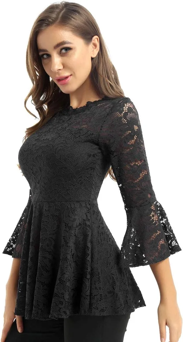 Womens Floral Lace Tunic Tops 3/4 Flare Bell Sleeve Blouse Casual Tunics Shirt for Women