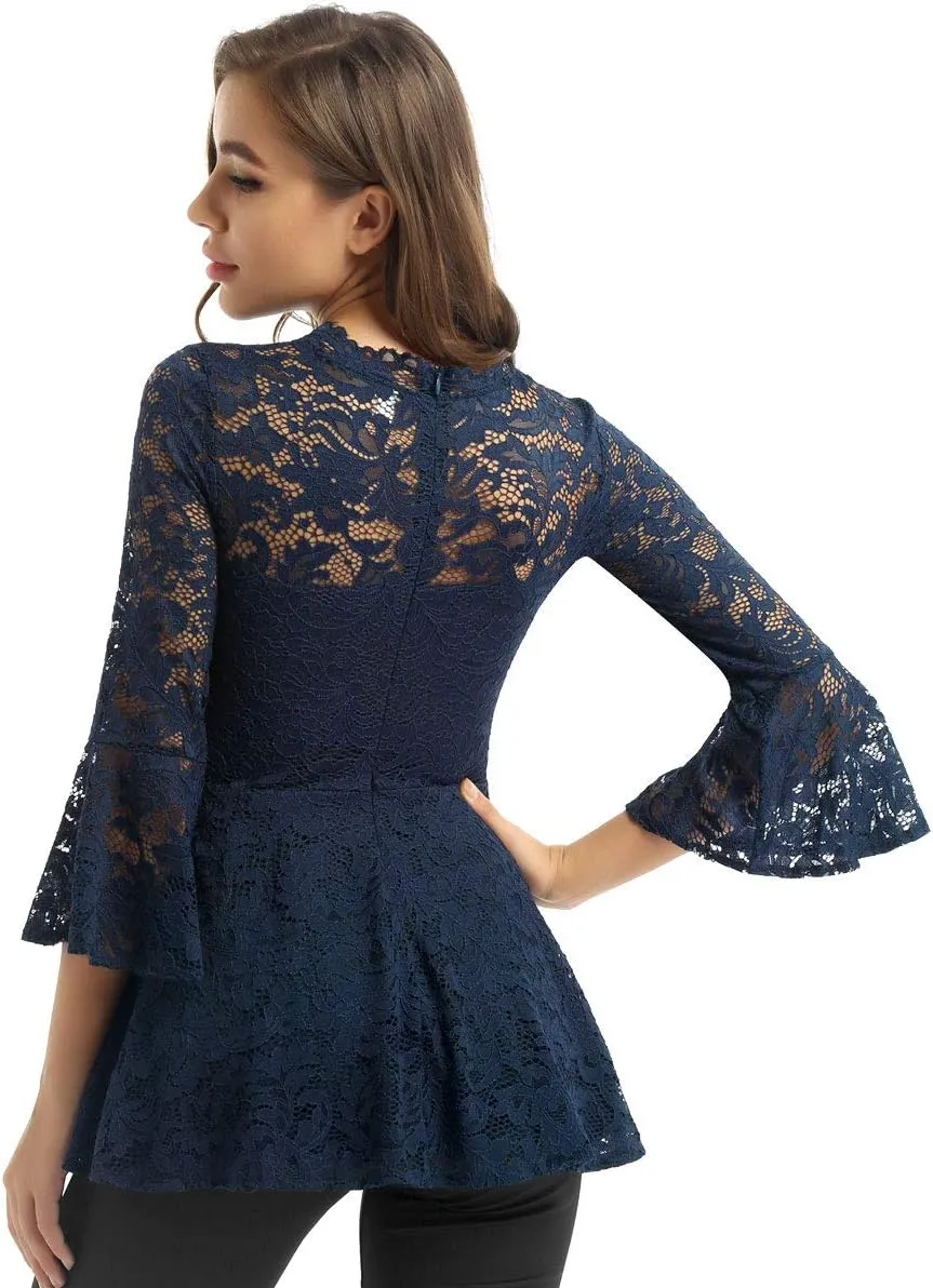 Womens Floral Lace Tunic Tops 3/4 Flare Bell Sleeve Blouse Casual Tunics Shirt for Women