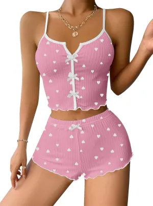 Womens Graphic Pajama Set Summer Cute Crop Cami and Shorts Ribbed 2 Piece Lounge Sets