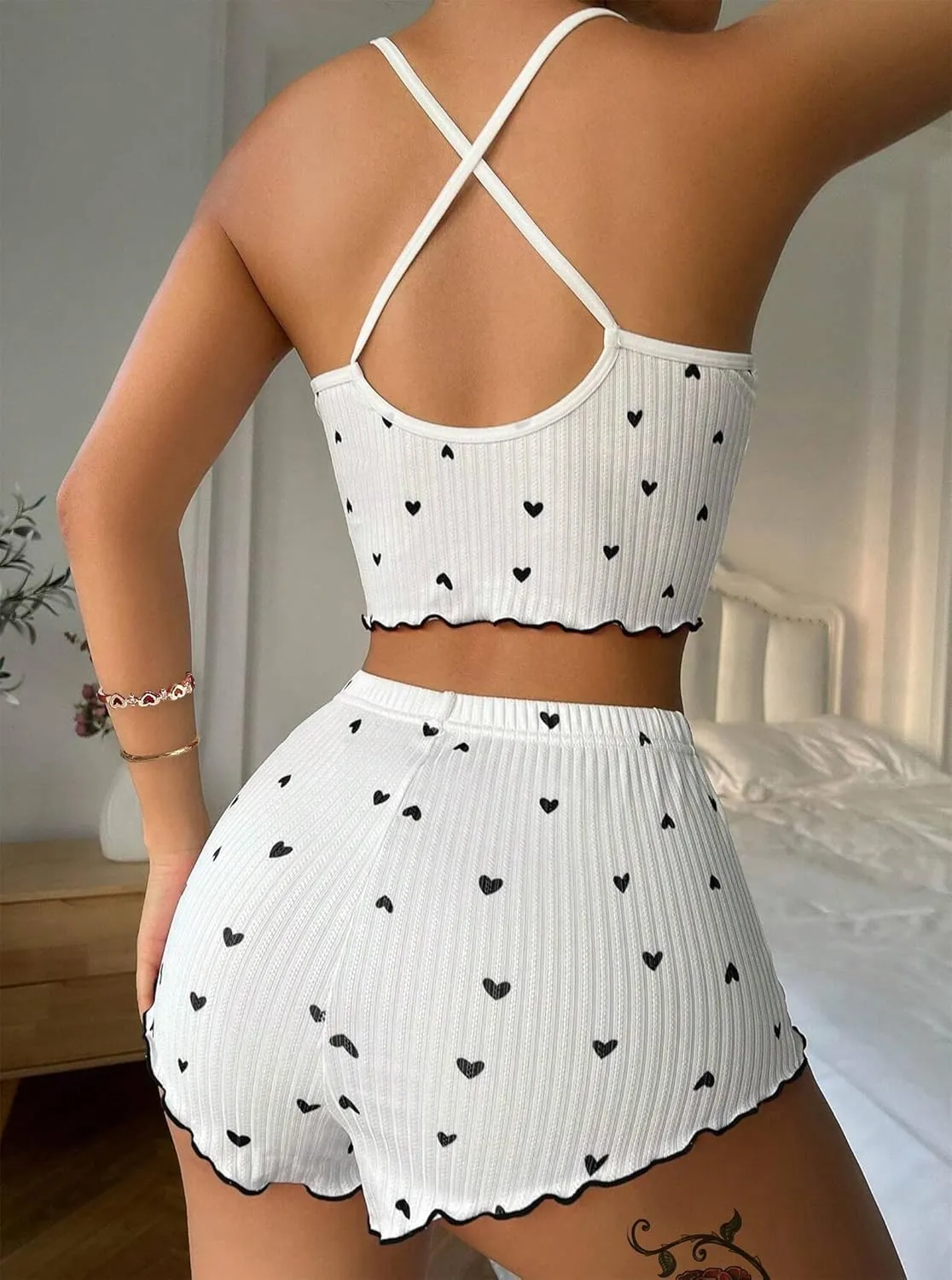 Womens Graphic Pajama Set Summer Cute Crop Cami and Shorts Ribbed 2 Piece Lounge Sets