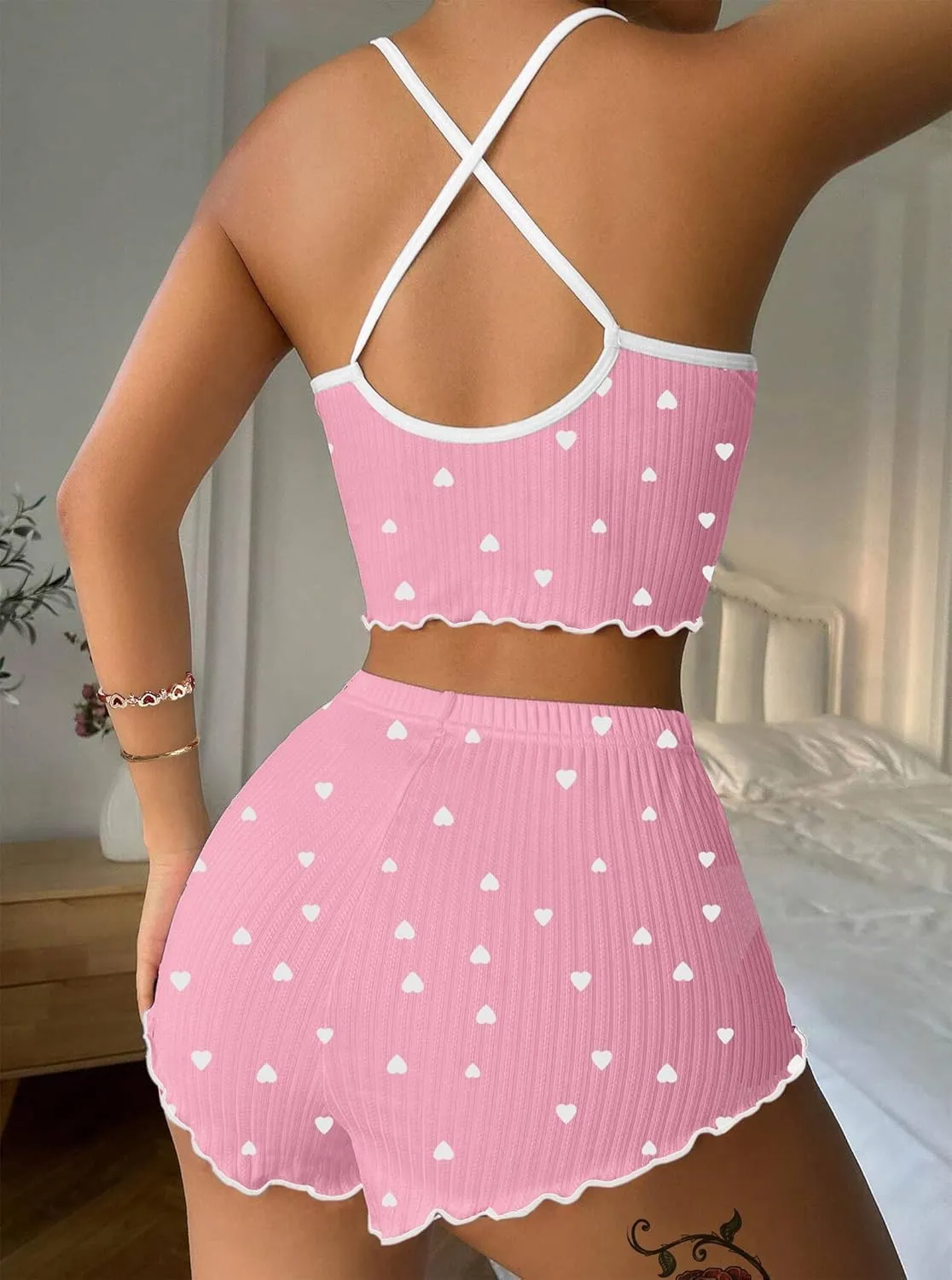 Womens Graphic Pajama Set Summer Cute Crop Cami and Shorts Ribbed 2 Piece Lounge Sets