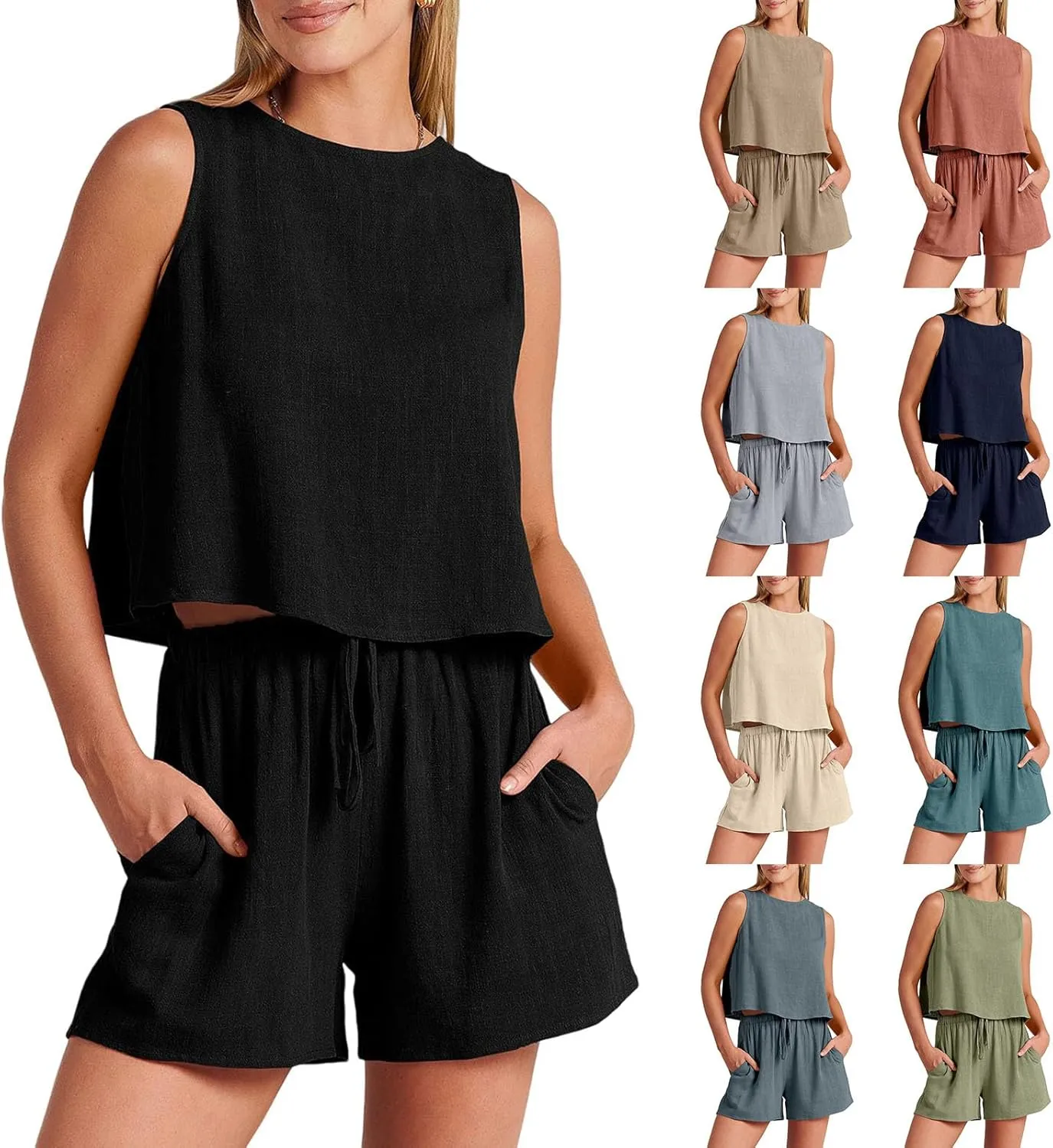 Womens Linen Short Sets 2 Piece Outfits Sleeveless Crop Tank Top New Summer Boho Shorts Beach Vacation