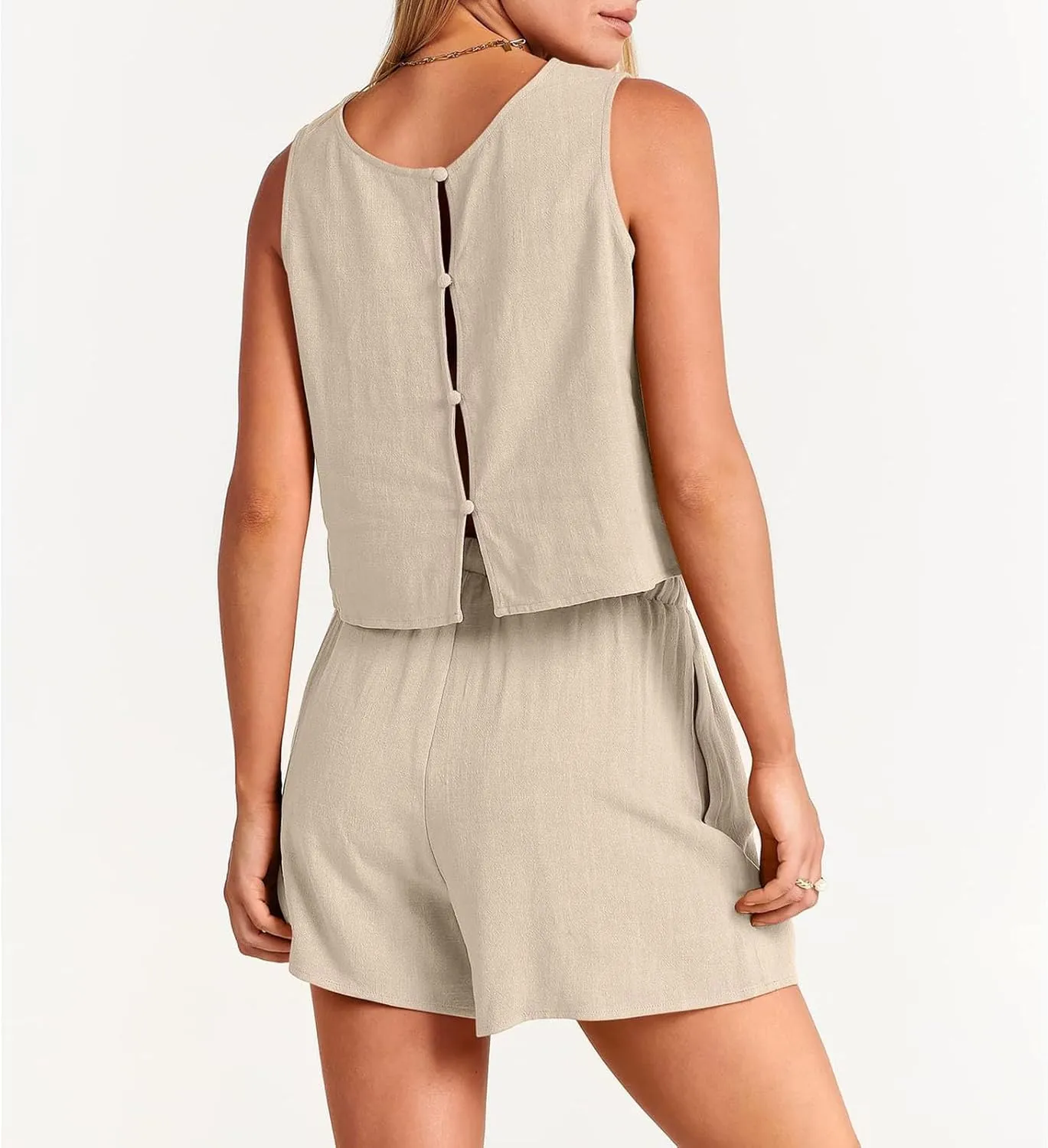 Womens Linen Short Sets 2 Piece Outfits Sleeveless Crop Tank Top New Summer Boho Shorts Beach Vacation