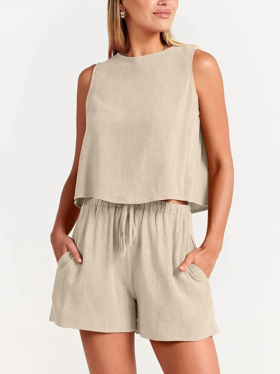 Womens Linen Short Sets 2 Piece Outfits Sleeveless Crop Tank Top New Summer Boho Shorts Beach Vacation