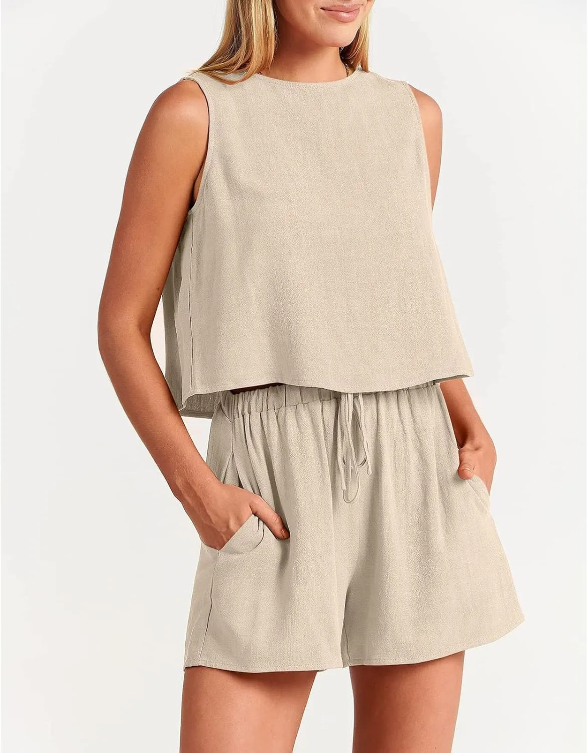 Womens Linen Short Sets 2 Piece Outfits Sleeveless Crop Tank Top New Summer Boho Shorts Beach Vacation