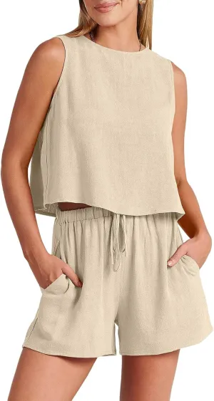 Womens Linen Short Sets 2 Piece Outfits Sleeveless Crop Tank Top New Summer Boho Shorts Beach Vacation