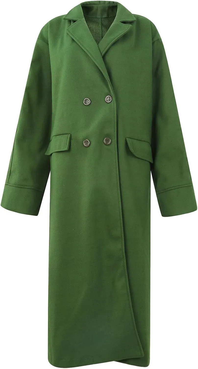 Womens Long Pea Coats Wool Blend Ankle Length Business Casual Trench Coats Long Sleeve Open Front Dressy Jackets