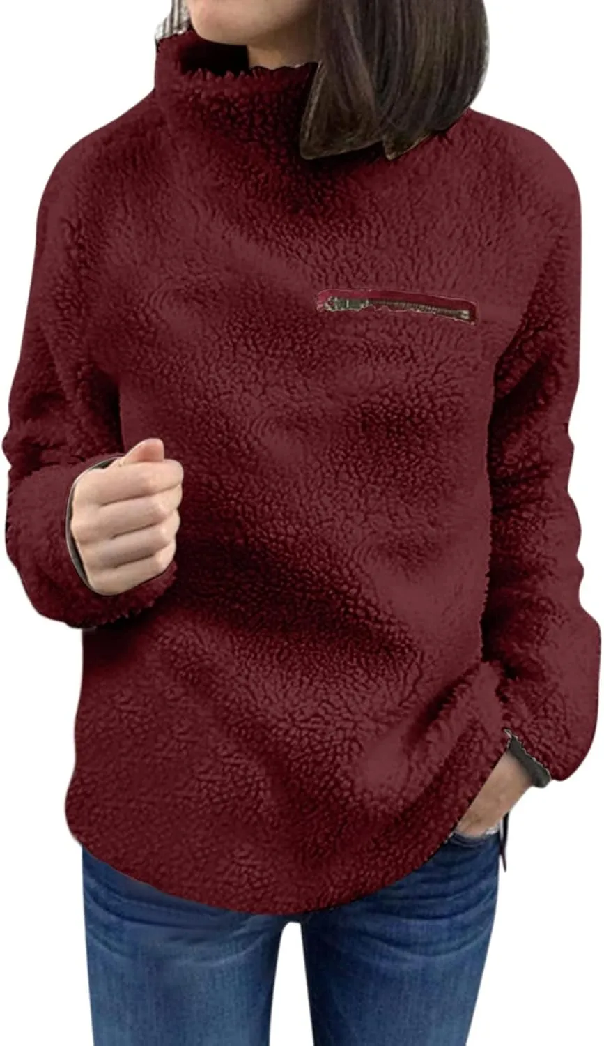 Women's Oversized Sherpa Fuzzy Fleece Sweatshirts Long Sleeves Turtleneck Casual Pullover Sweater Winter Fluffy Warm Outwear