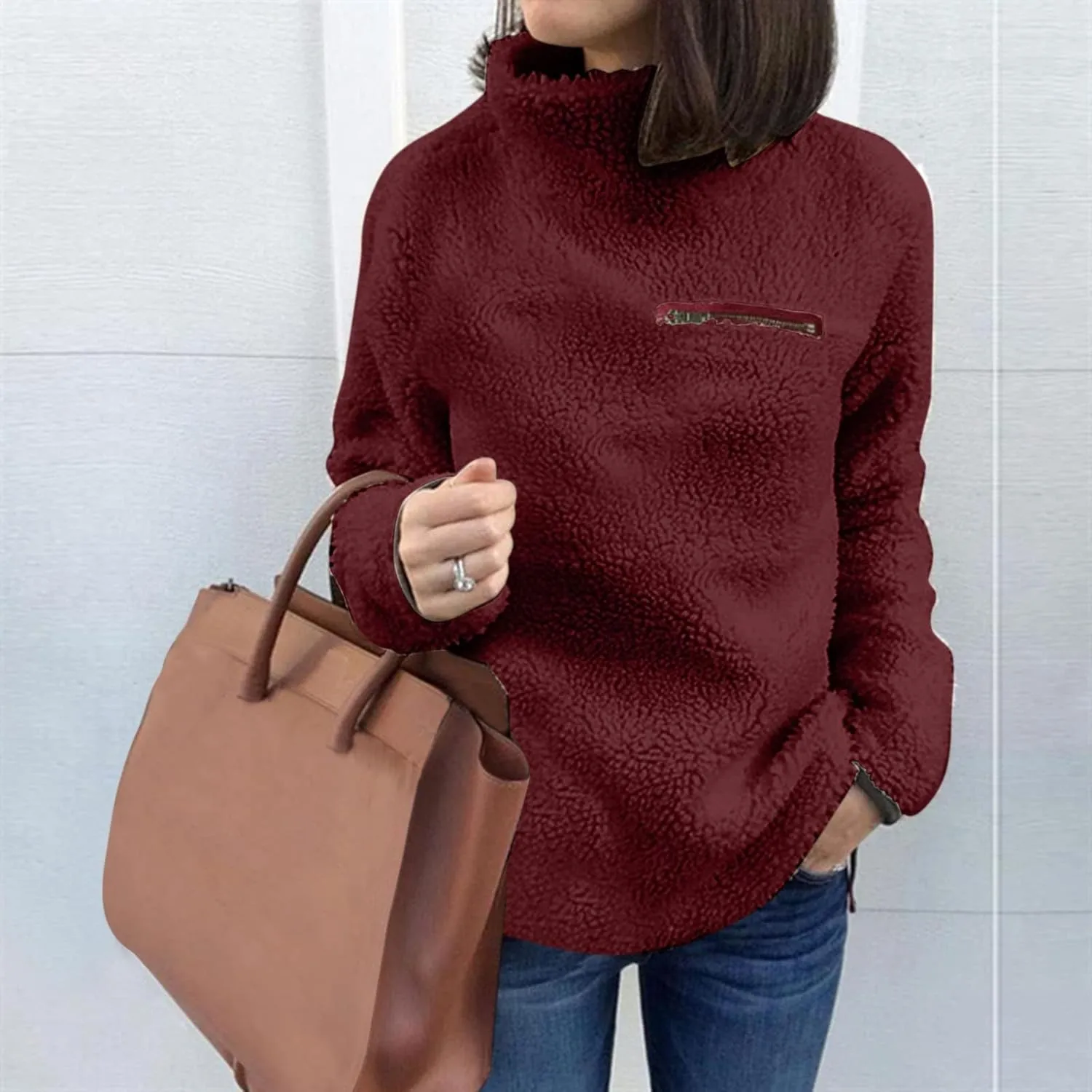 Women's Oversized Sherpa Fuzzy Fleece Sweatshirts Long Sleeves Turtleneck Casual Pullover Sweater Winter Fluffy Warm Outwear