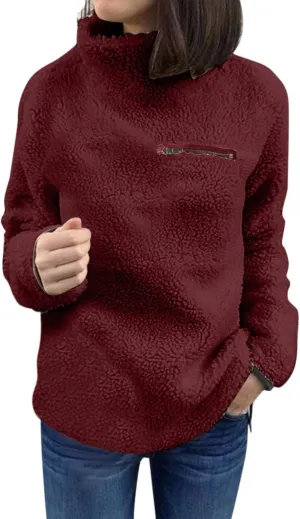 Women's Oversized Sherpa Fuzzy Fleece Sweatshirts Long Sleeves Turtleneck Casual Pullover Sweater Winter Fluffy Warm Outwear