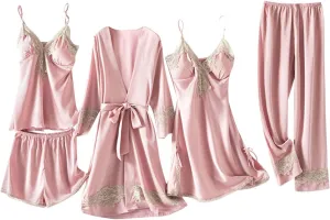 Womens Pajama Sets 5pcs Silk Sleepwear Loungewear Cute Sexy Lingerie Set Satin Robe Cami Pajamas Sets